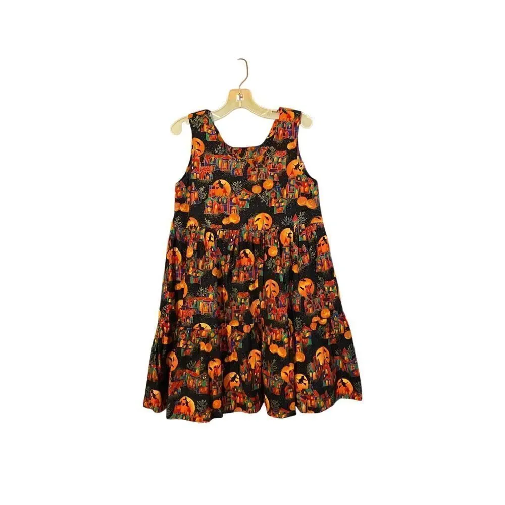 Handcrafted hand, stone girls, Halloween, print, tiered dress, size 5 ￼￼